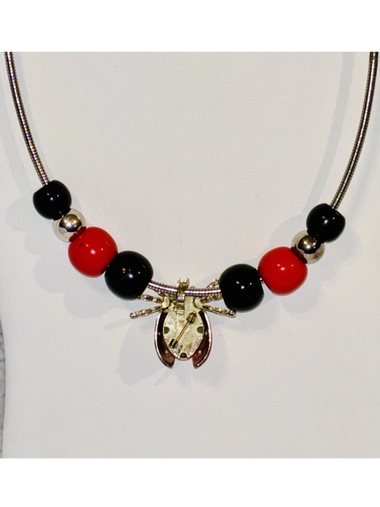 BEST Jewelry Co Silver Tone Necklace Ladybug Black Red Silver Tone Beads Brooch - Picture 2 of 9